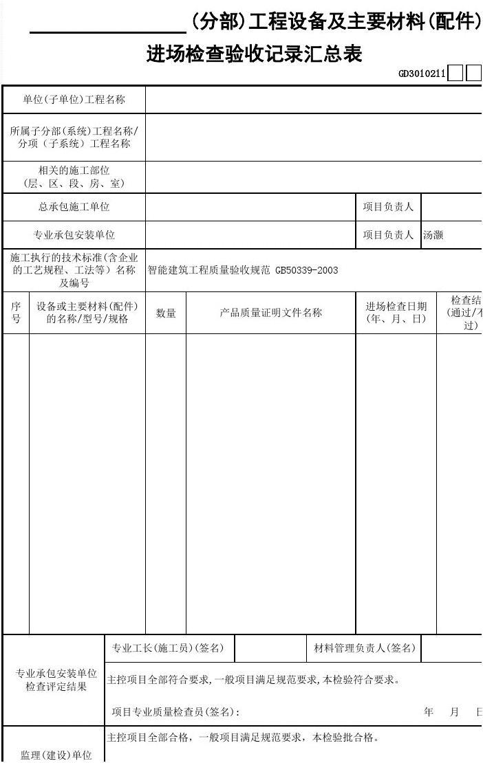 分部（子分部）工程设备及主要材料进场检查验收记录汇总表编制与审查实务